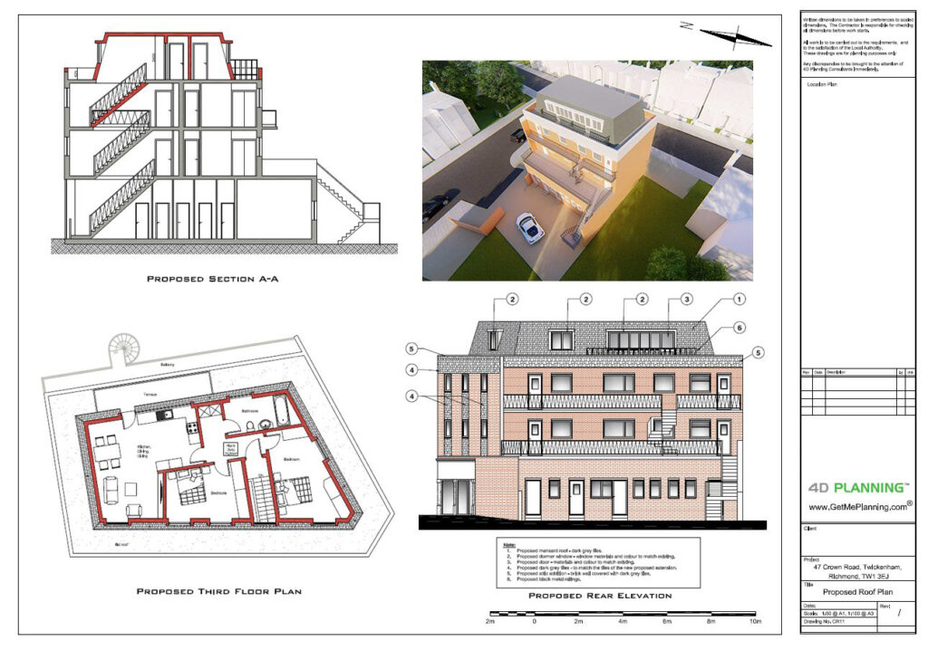 architectural drawings for upwards extension, new flat, residential development, 4d planning